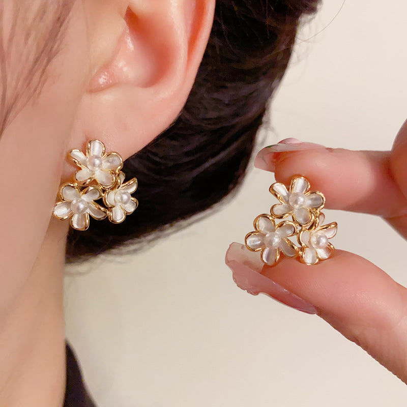 14K Gold-Plated White Three-Petal Flower Stud Earrings – Elegant Bloom