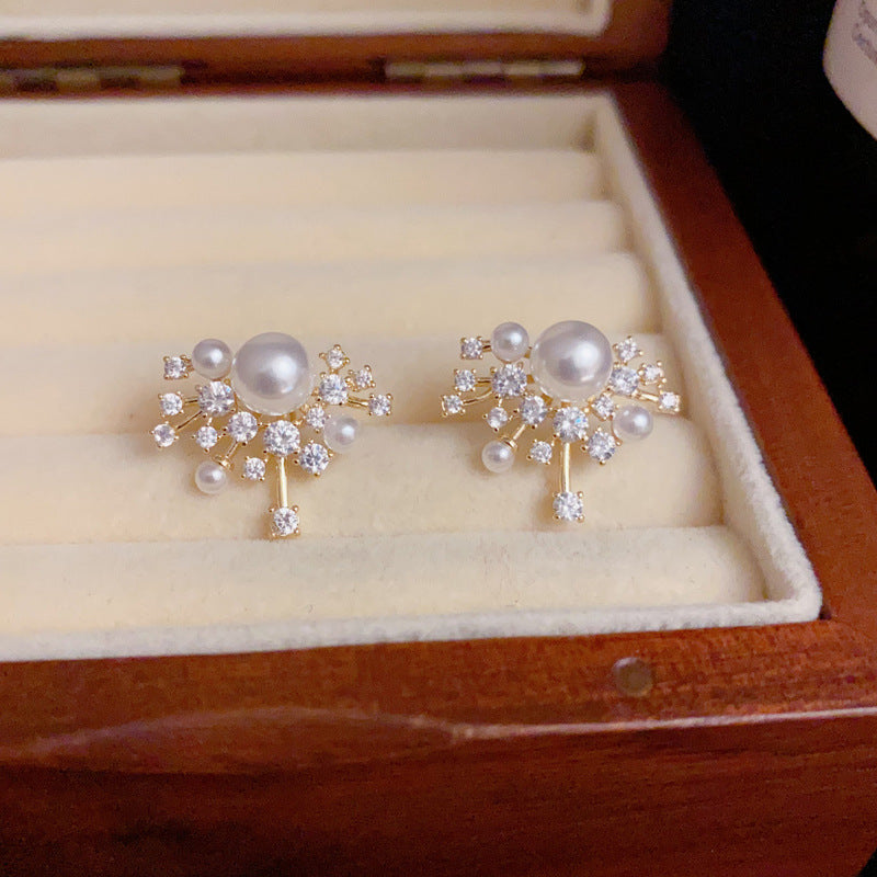 14K Gold-Plated Zircon Firework Pearl Stud Earrings – Elegant Design