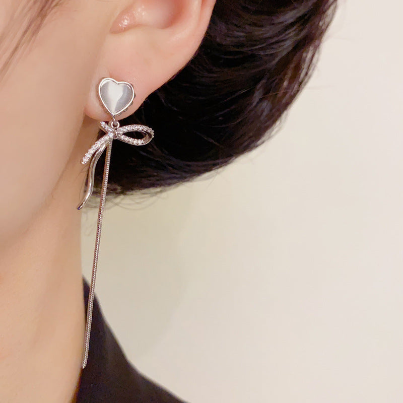 14K Gold Cats Eye Heart Bow Tassel Earrings – Elegant Long Drop Design