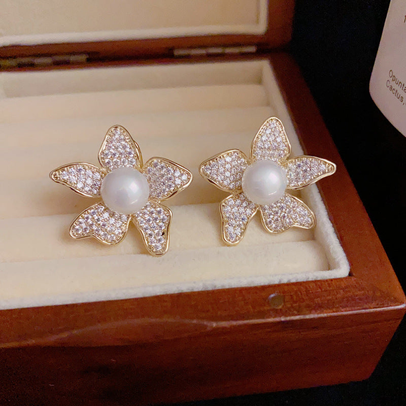 14K Gold Luxury Full-Zircon Flower & Pearl Earrings–S925 Silver Needle