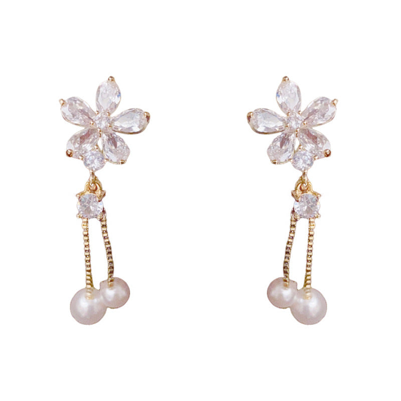 Elegant Five-Petal Flower & Pearl Tassel Drop Earrings – Floral Design