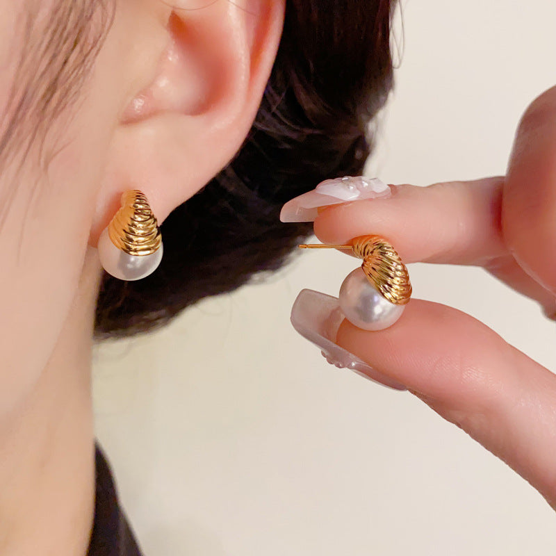 14K Gold-Plated Metal Pearl Stud Earrings – Elegant Minimalist Design