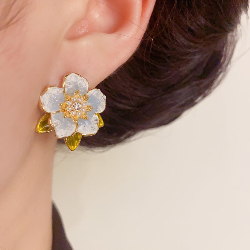 14K Gold Crystal Camellia Stud Earrings – S925 Silver Needle