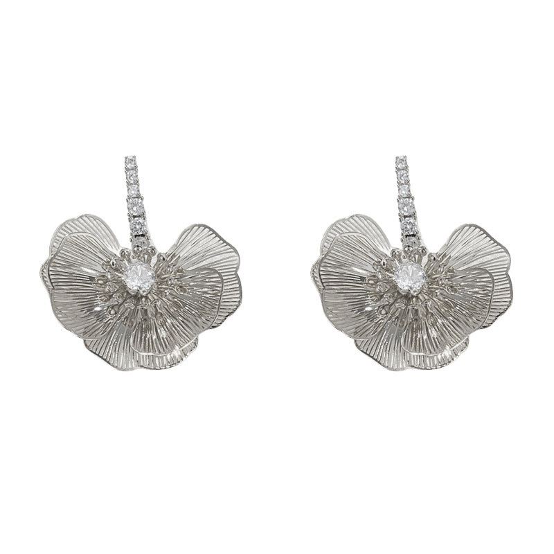 Luxury Zircon Metal Petal Drop Earrings – Bold Floral Design