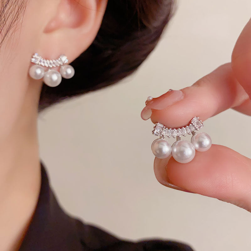 Elegant Zircon Bar Pearl Stud Earrings – Minimalist Geometric Design