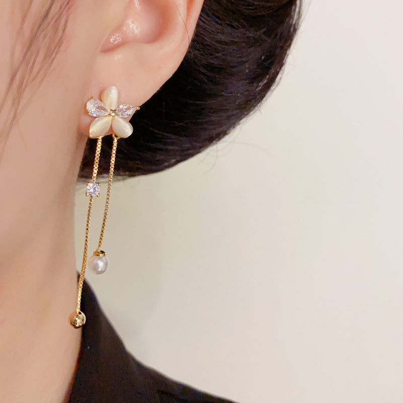 Zircon Flower & Pearl Tassel Drop Flower Earrings – Elegant Design