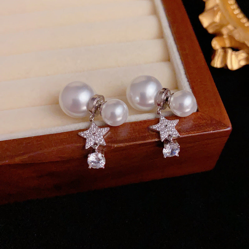 Luxury Zircon Star & Pearl Front-Back Drop Earrings – Elegant Design