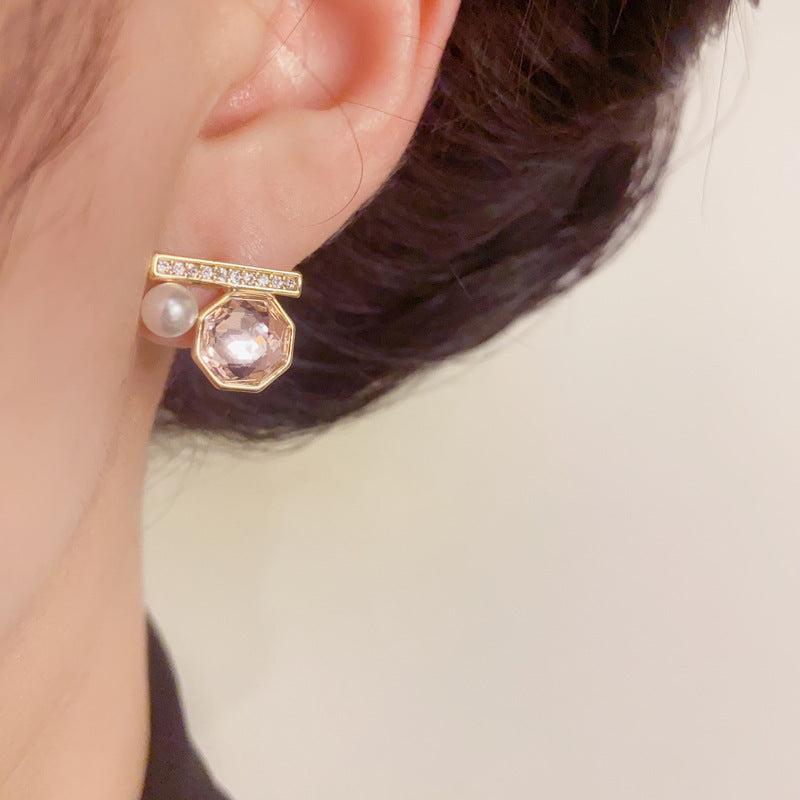 14K Gold Vintage Geometric Pearl Stud Earrings – S925 Silver Needle