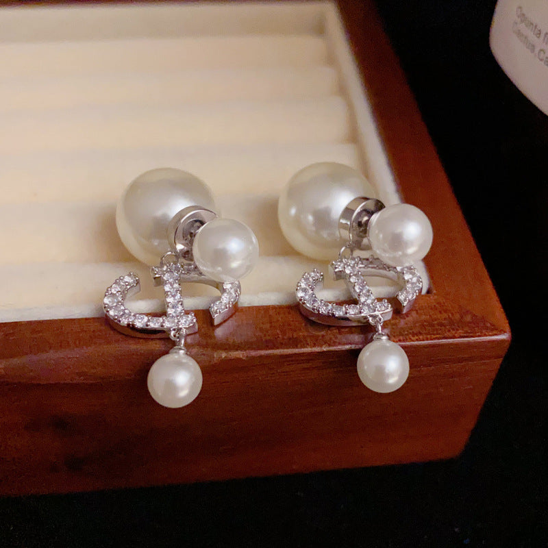 14K Gold CD Letter Front-Back Pearl Earrings – Modern Chic Design