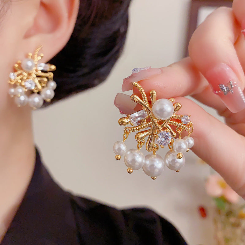 Eaioncol Vintage CZ Irregular Pearl Drop Earrings Gold Silver
