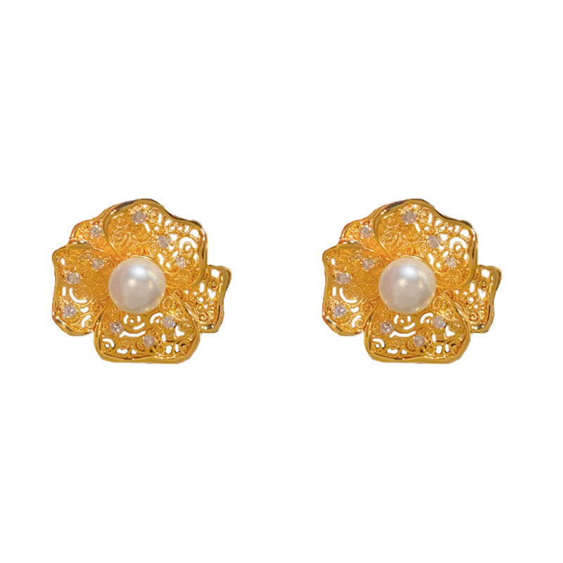 Elegant Hollow Metal Pearl Petal Stud Earrings – Floral Design