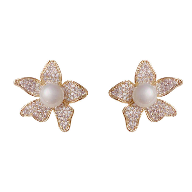 14K Gold Luxury Full-Zircon Flower & Pearl Earrings–S925 Silver Needle