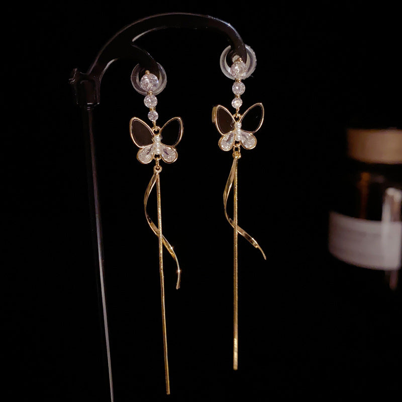 14K Gold-Plated Black Butterfly Long Tassel Earrings - Chic & Elegant