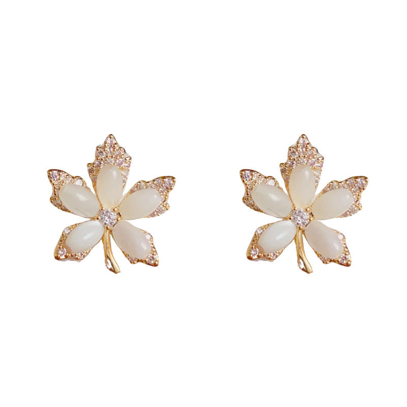 Minimalist Shell Pearl Maple Leaf Stud Earrings – S925 Silver Needle