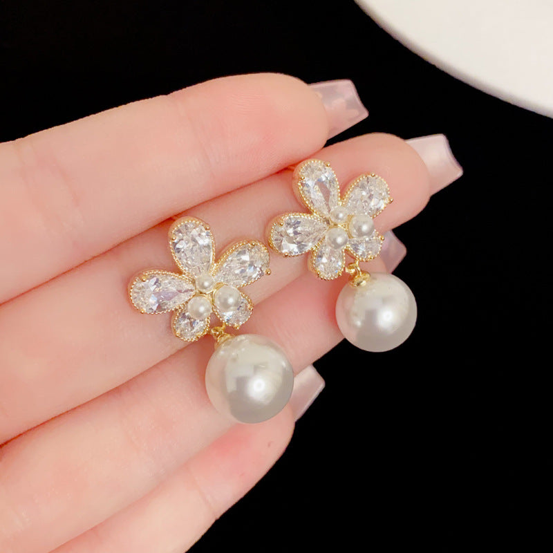 Eaioncol Floral Petal Drop Cubic Zirconia Pearl Earrings Gold