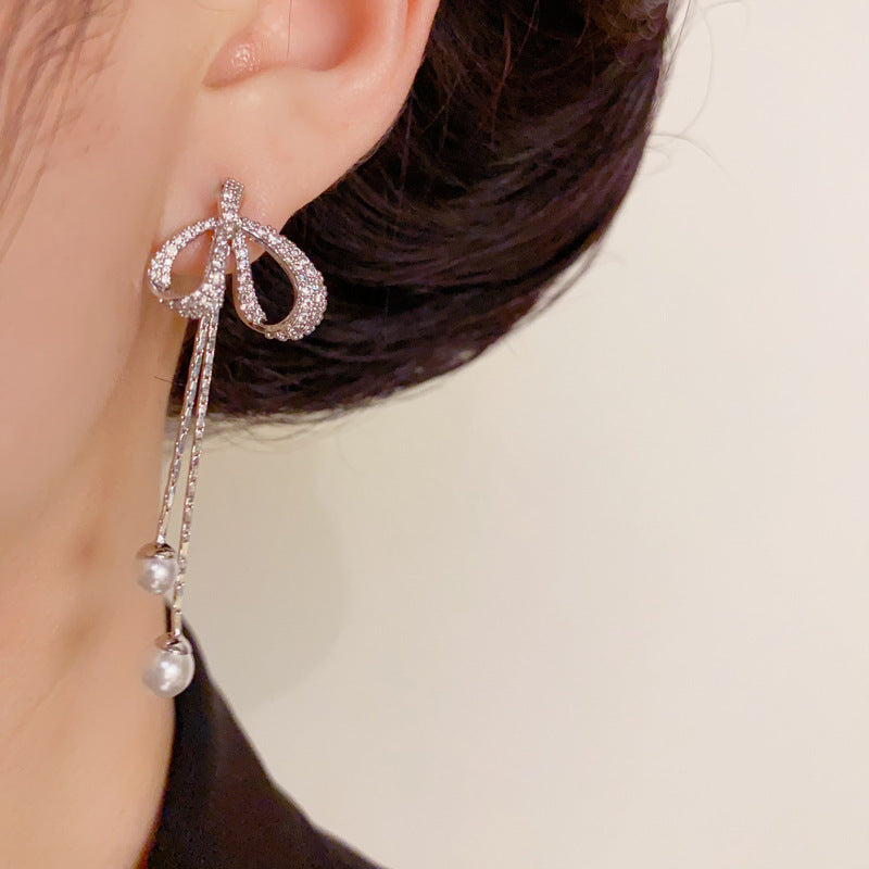 14K Gold-Plated Bow Pearl Tassel Earrings – Pave Zircon Design