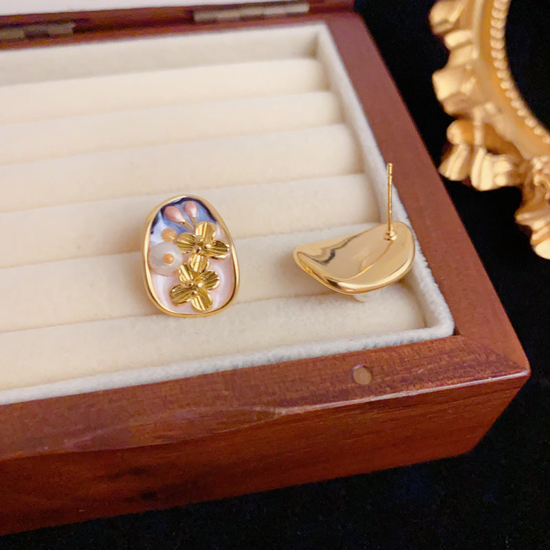 Elegant Colorful Enamel Pearl Petal Stud Earrings – Floral Design