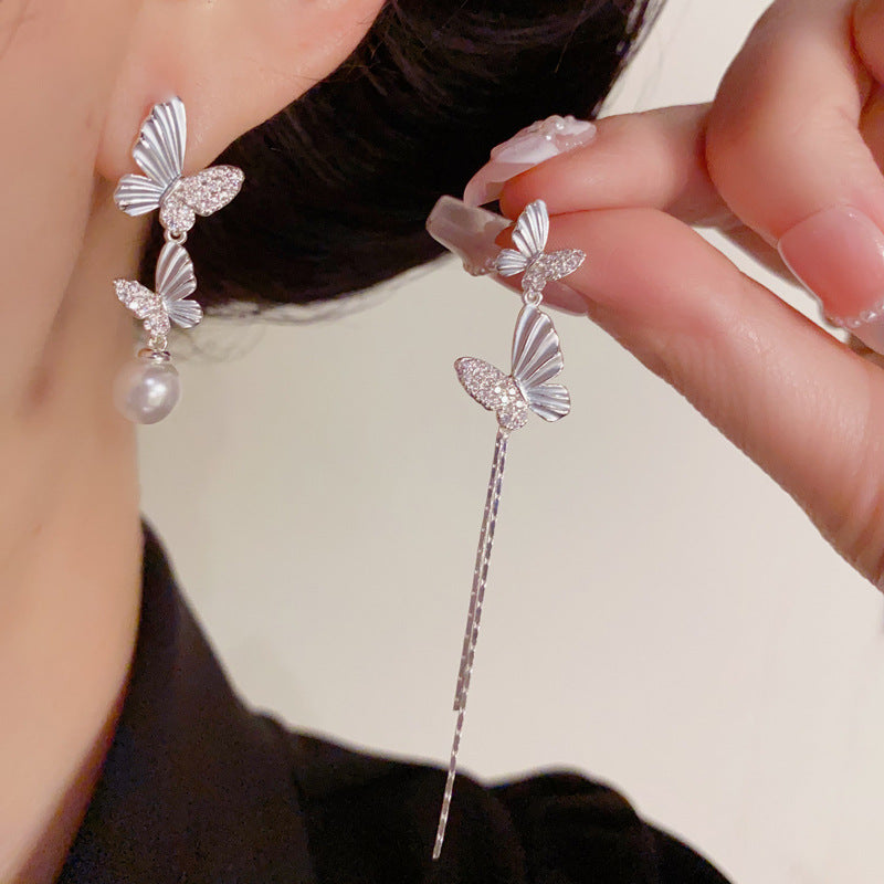 Asymmetric Butterfly Tassel Drop Sliver Earrings – Elegant Design