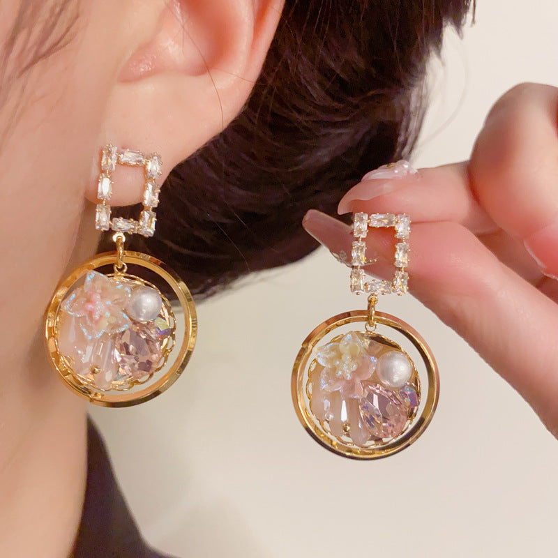 Elegant Zircon Petal Round Ring Drop Gold Earrings – Geometric Design