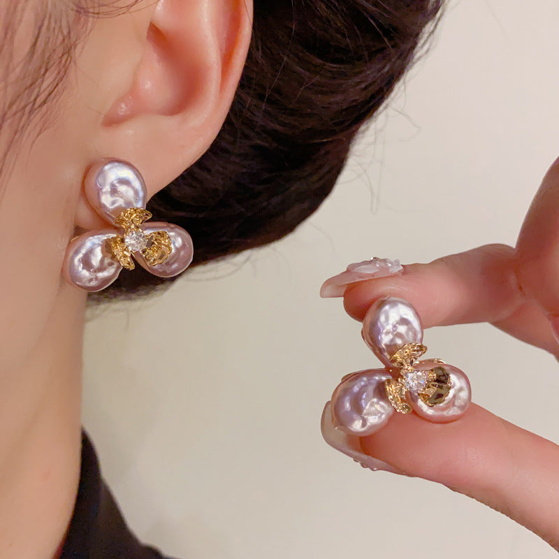 Elegant Faux Baroque Pearl & Flower Stud Earrings – Floral Design