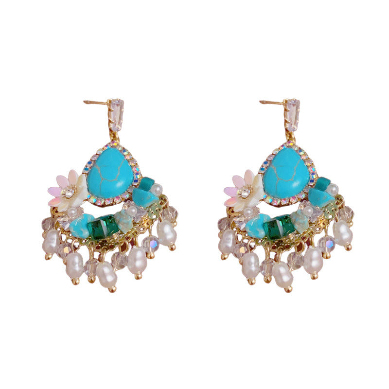 Zircon Flower Droplet Tassel & Pearl Stud Earrings – Elegant Design