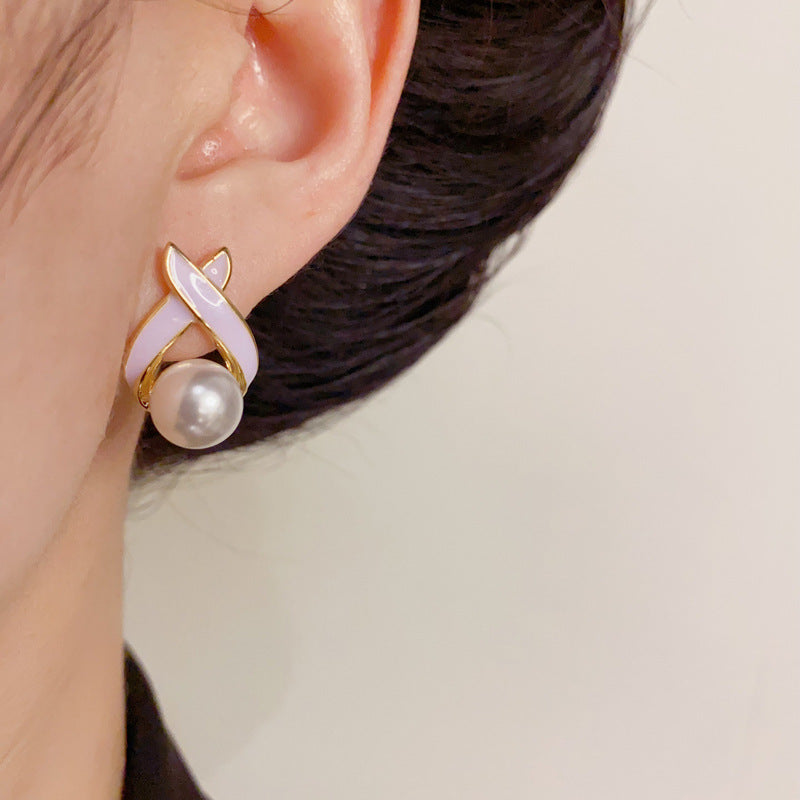 14K Gold-Plated Enamel Cross Pearl Stud Earrings – Minimalist Chic