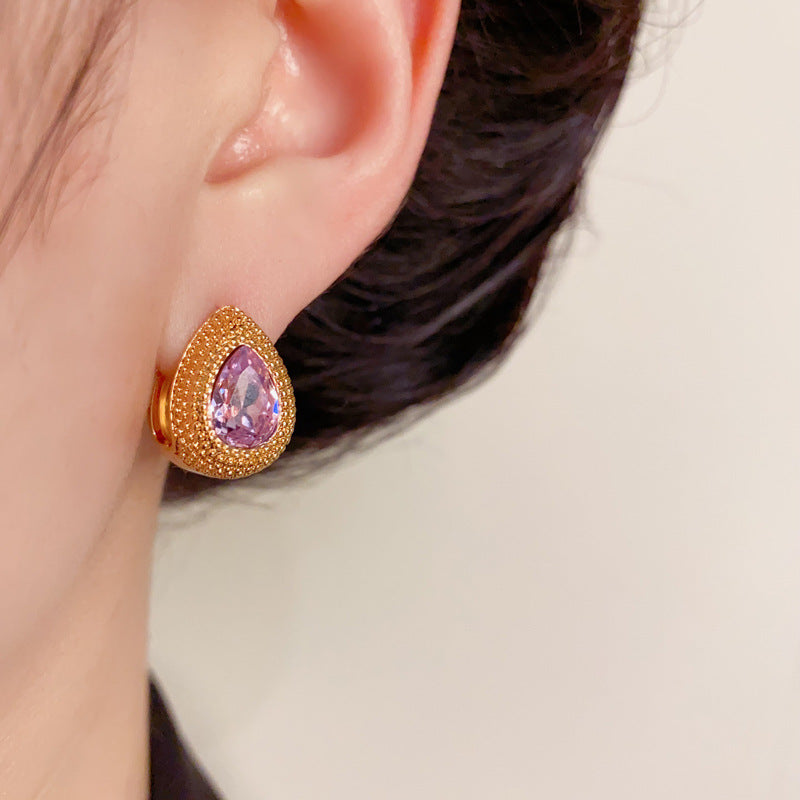 14K Gold-Plated Purple Zircon Waterdrop Hoop Earrings – Elegant Glow