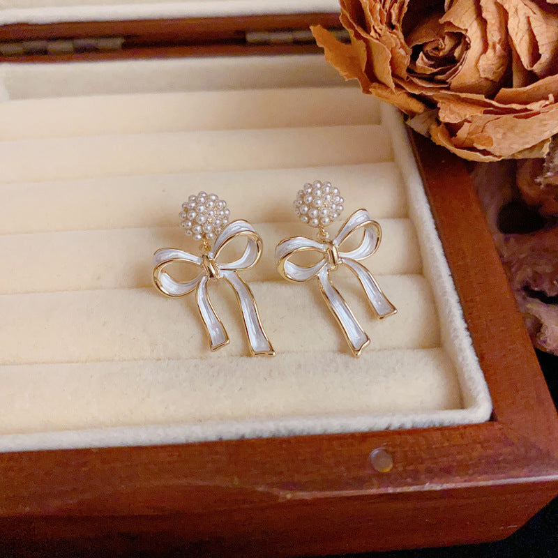 Luxury Pearl Sphere & Bow Ribbon Drop Gold Earrings – Elegant Design