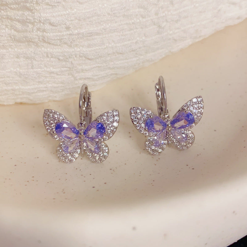 Elegant Zircon Purple Butterfly Hoop Earrings – Minimalist Design