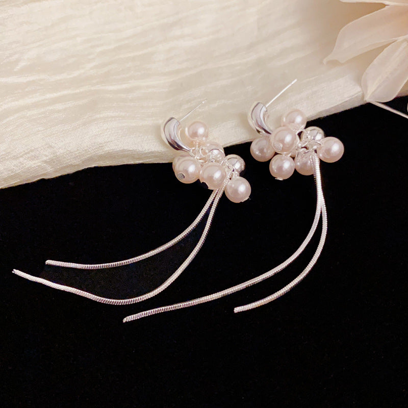 Luxury Silver Teardrop Pearl Tassel Drop Earrings – Elegant Design