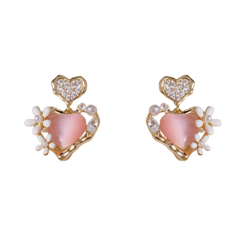 14K Gold Pink Heart Flower Drop Earrings – Sweet & Elegant Design