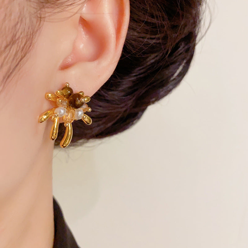 Elegant Metal Firework Tiger's Eye Stud Earrings – Geometric Design