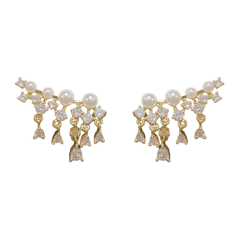 14K Gold Pearl Zircon Tassel Earrings - Chic Elegance Design