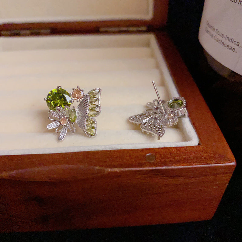 14K Gold Green Rhinestone Butterfly Stud Earrings – Minimalist Style
