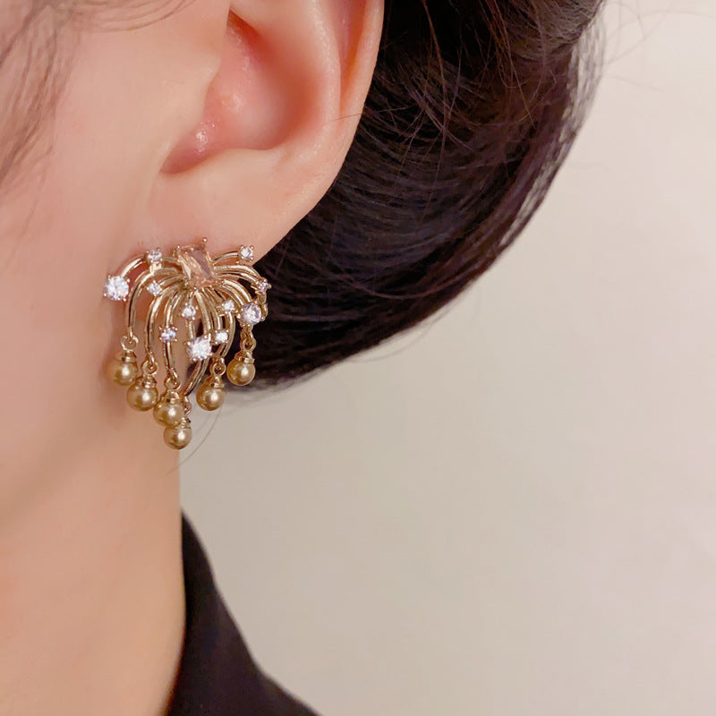 Luxury Zircon Firework Pearl Tassel Drop Earrings – Retro Design
