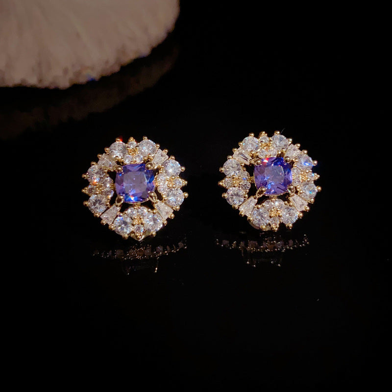 14K Gold Purple Geometric Zircon Stud Earrings– Chic & Sparkling Style