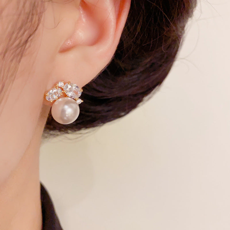 14K Gold Geometric Full-Zircon & Pearl Stud Earrings – French Design