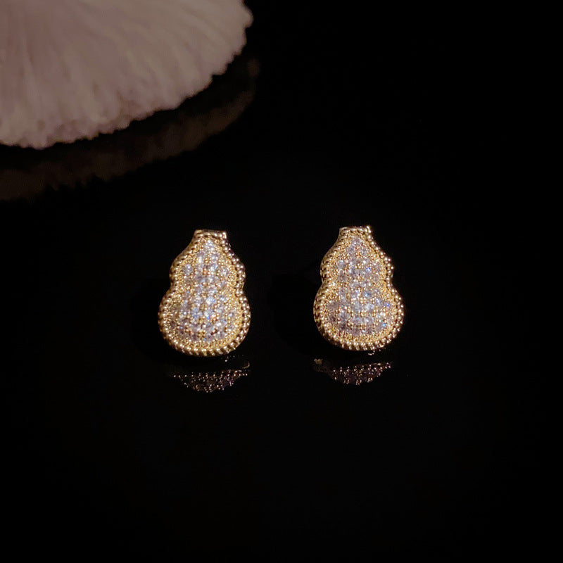 14K Gold-Plated Luxury Full-Zircon Gourd Stud Earrings – Floral Design