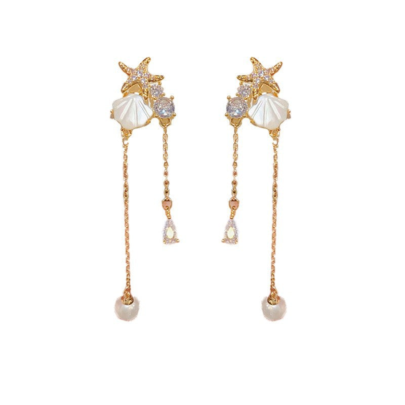 14K Gold-Plated Starfish Shell Zircon Tassel Earrings – Sweet Design