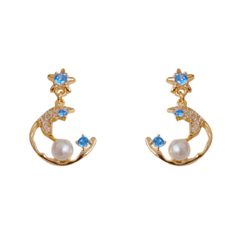 Luxury Zircon Star & Moon Pearl Drop Earrings – Elegant Design