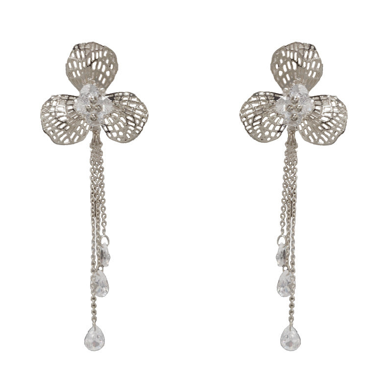 Elegant Hollow Metal Petal Tassel Drop Earrings – Long Fringe Design