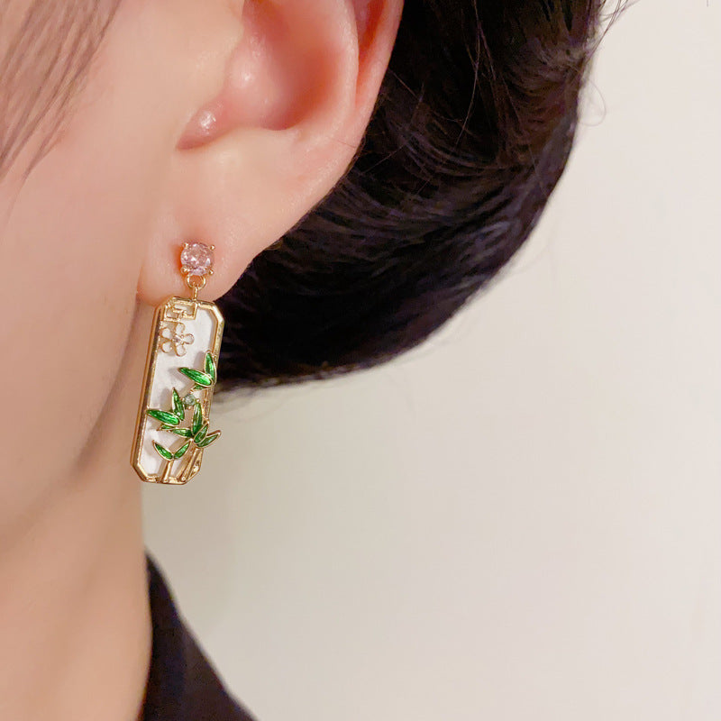 Elegant Zircon Bamboo Leaf Square Gold Earrings – Floral Design