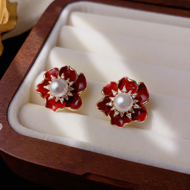 Elegant Zircon Pearl Enamel Petal Stud Earrings – Floral Design
