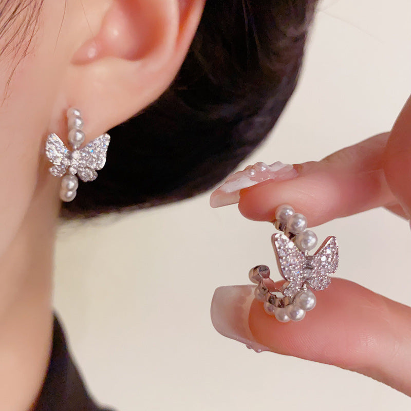 Luxury Zircon Butterfly & Pearl C-Shaped Hoop Earrings– Elegant Design
