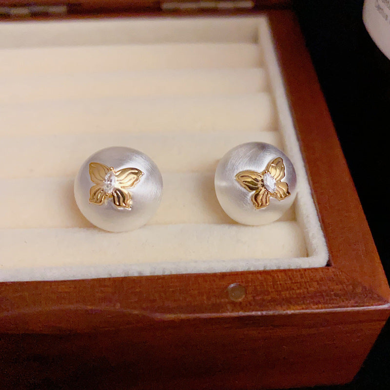 14K Gold-Plated Round Butterfly Stud Earrings - Elegant Minimalist