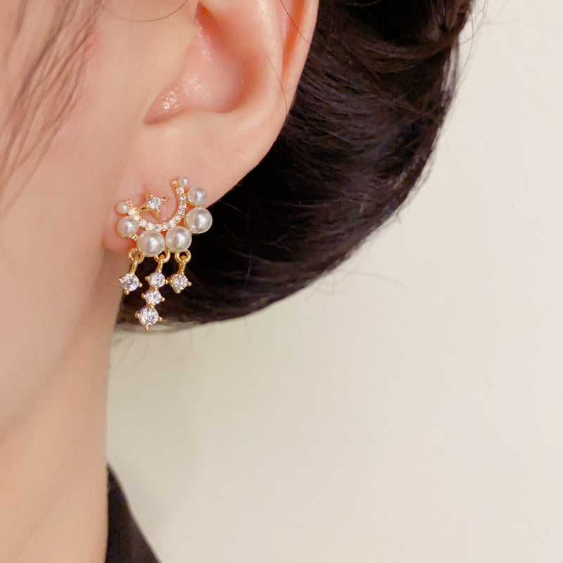 Luxury Zircon Star-Shaped & Pearl Tassel Drop Earrings– Elegant Design