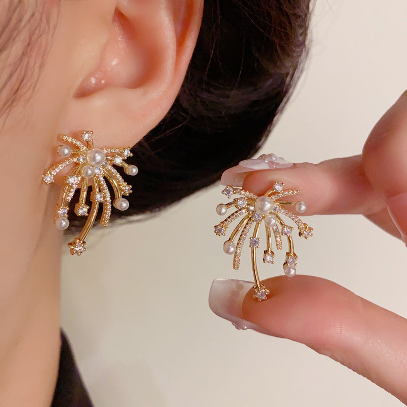 Luxury Full-Zircon & Pearl Firework Gold Earrings – Floral Design
