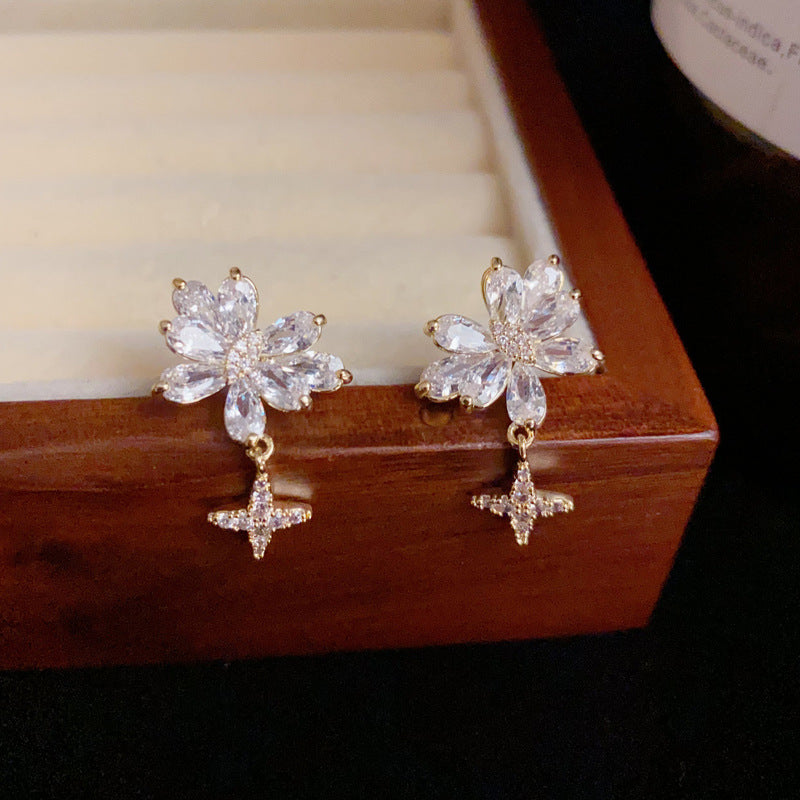 14K Gold Zircon Butterfly Star Drop Earrings- Chic Elegance Design