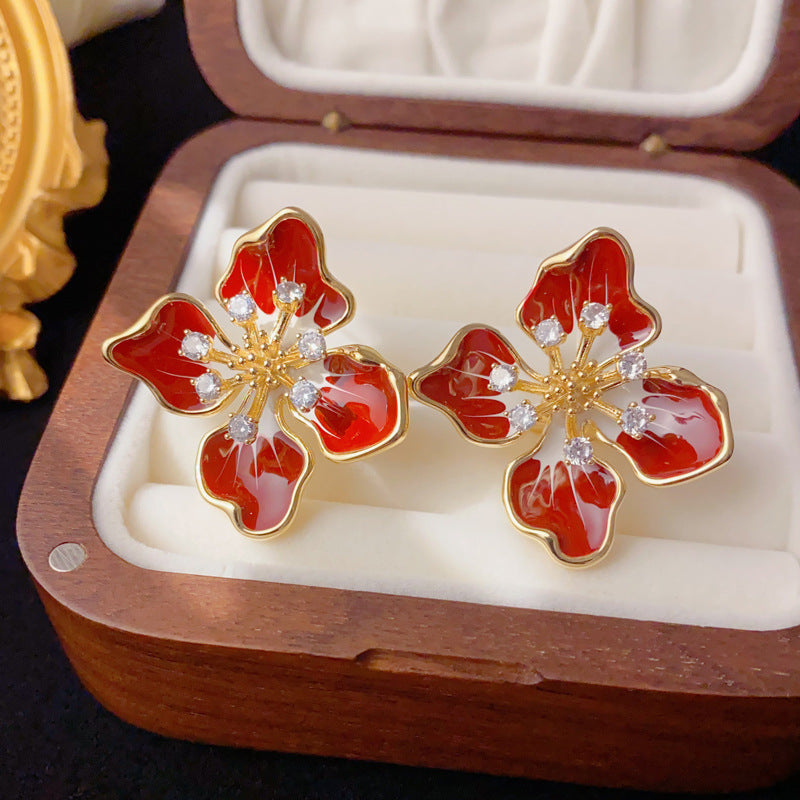 Elegant Zircon Enamel Petal Stud Earrings – Floral Design