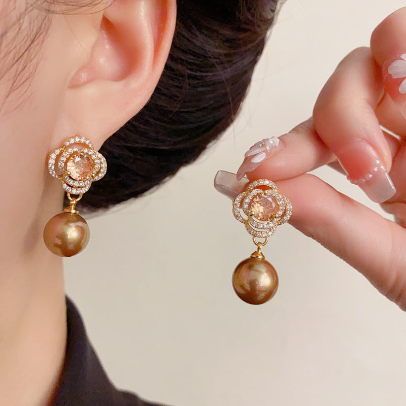 Luxury Zircon Petal Pearl Drop Earrings – French Floral Design